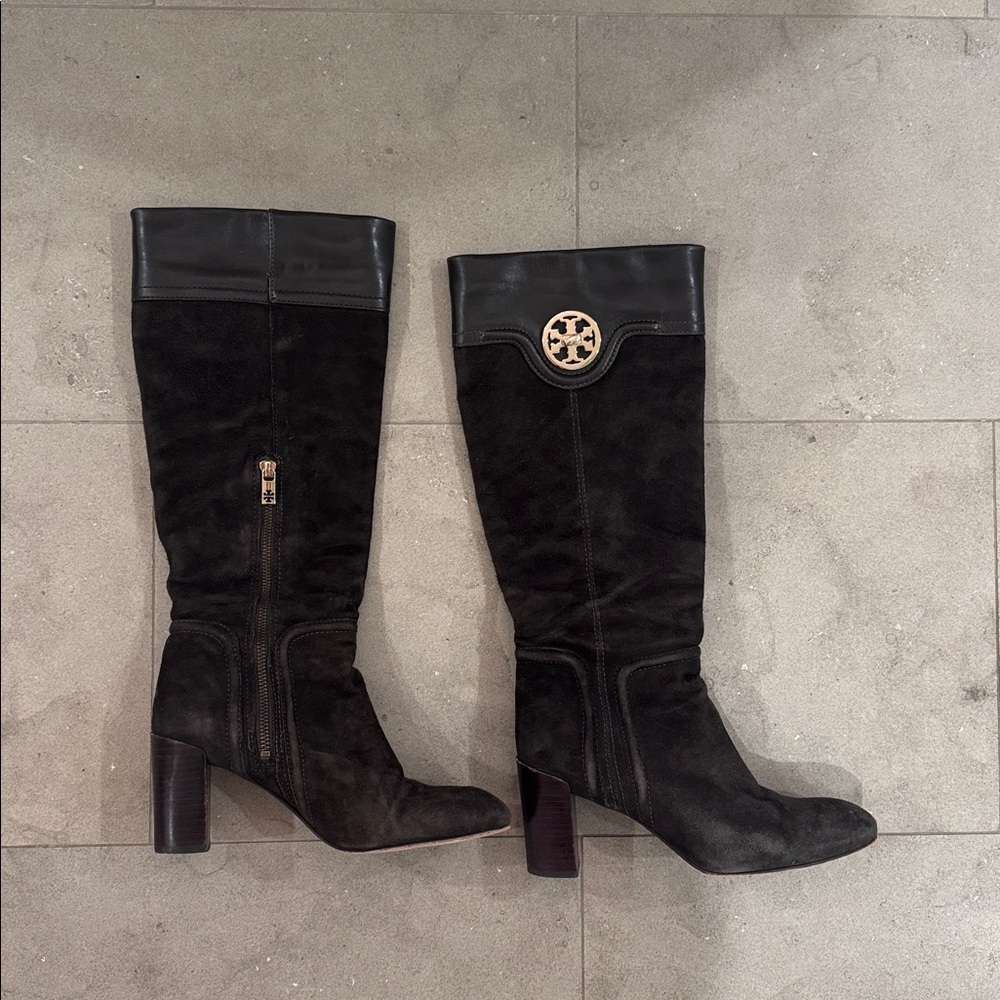 Tory Burch Brown Suede Knee-High Boots with Gold Emblem